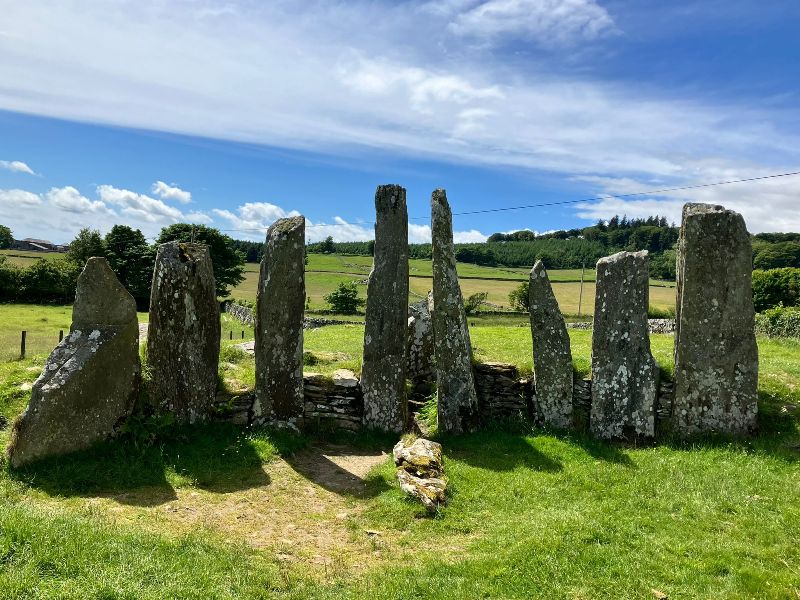 Eight standing stones at entrance to Cairnholy 1 chambered cairn