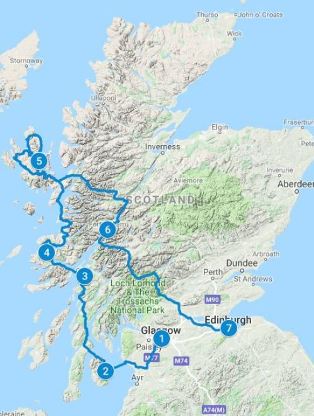 Map for 10 days in Scotland using Island Adventure itinerary