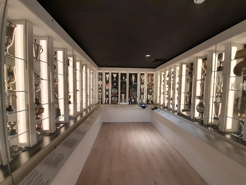 Museum display of Jim Clarks many racing trophies 