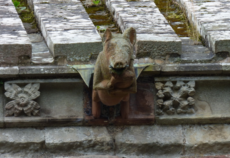 Gargoyle in shape of Bag Pipe playing pig at Melrose Abbey