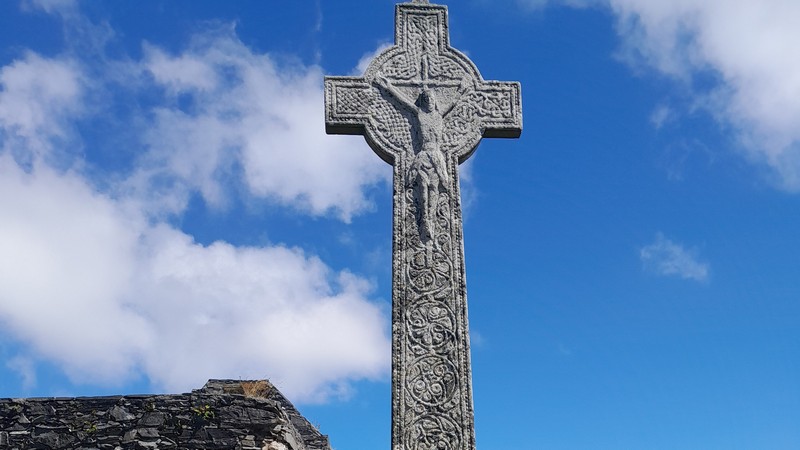 Oronsay Cross displaying crucifixion scene and fine carvings