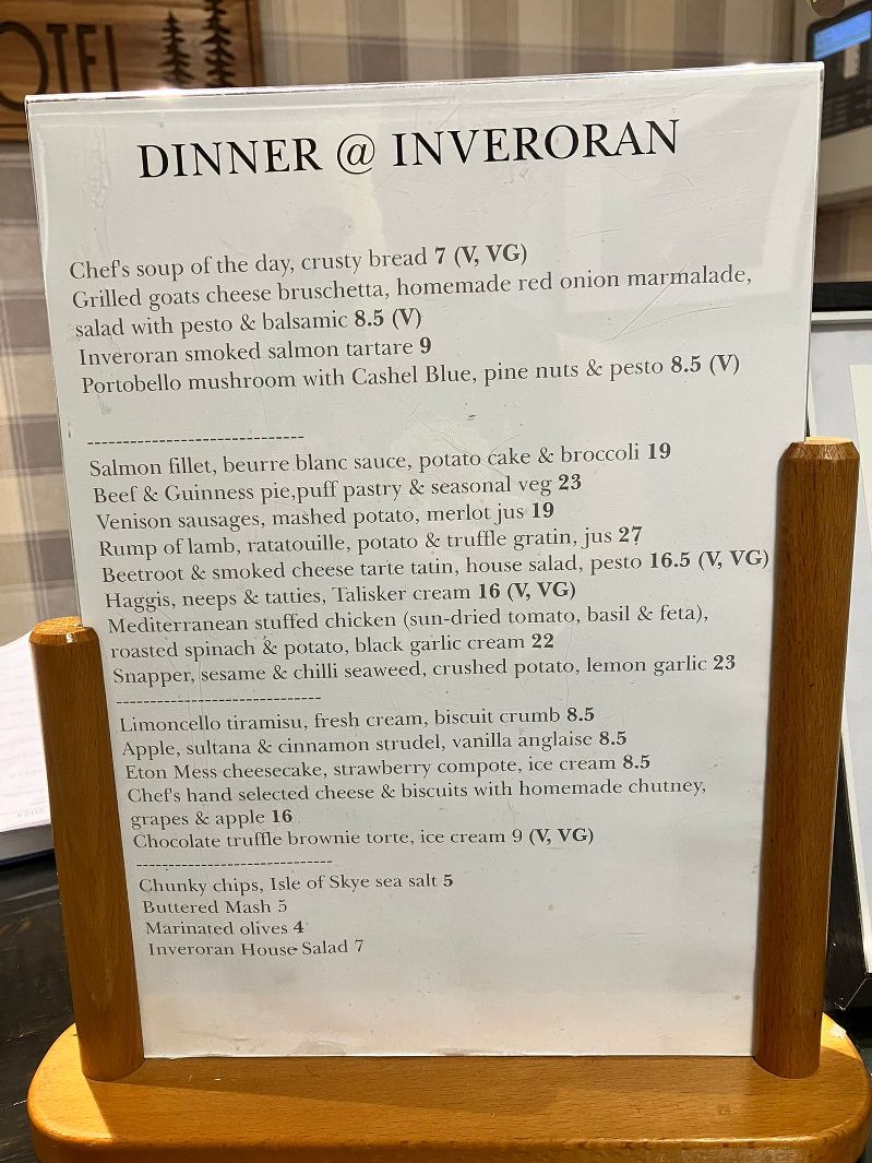 Dinner Menu at the Inveroran Hotel